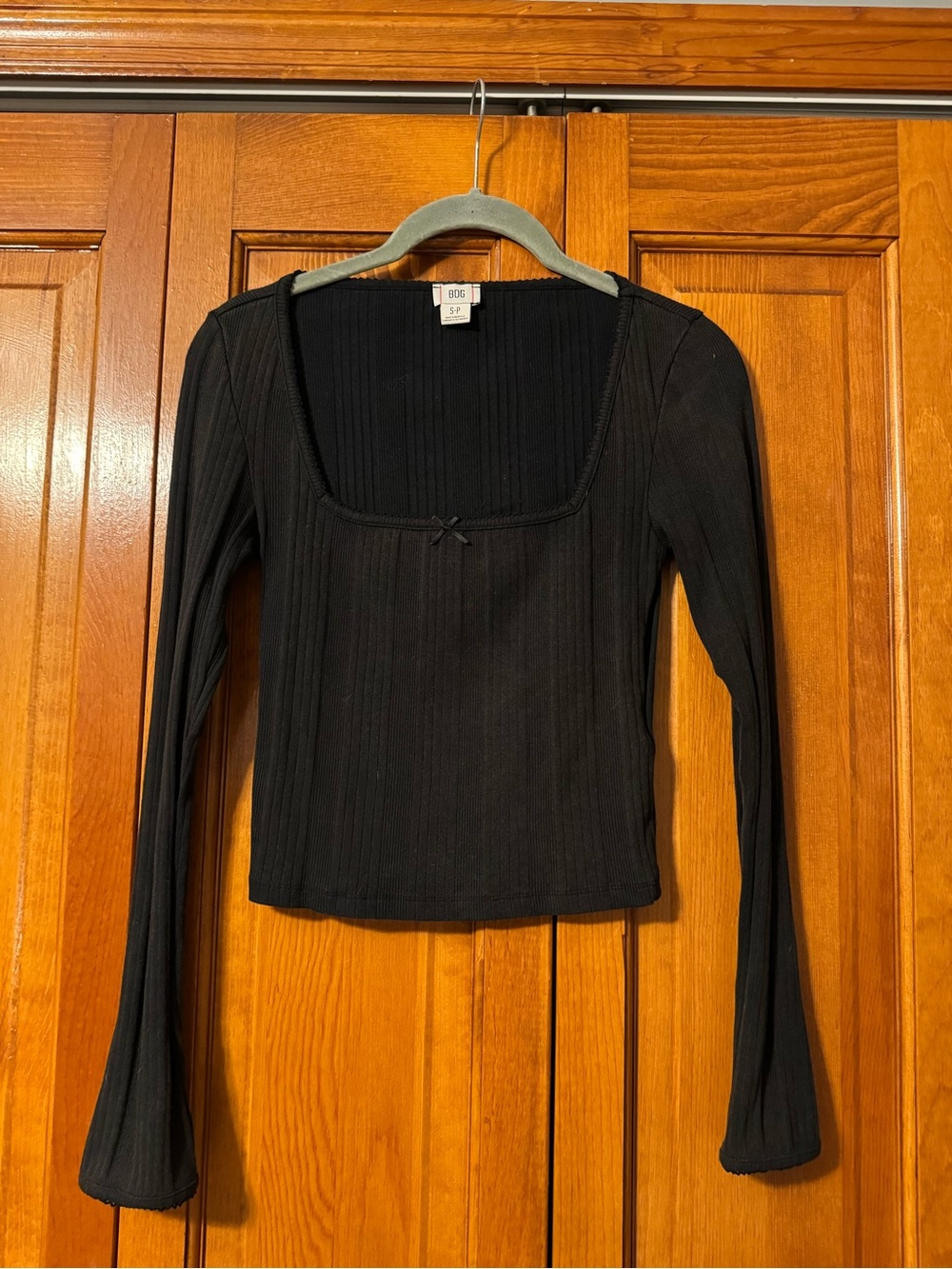 BDG Black Ribbed Square-Neck Long Sleeve Top with Bow Detail